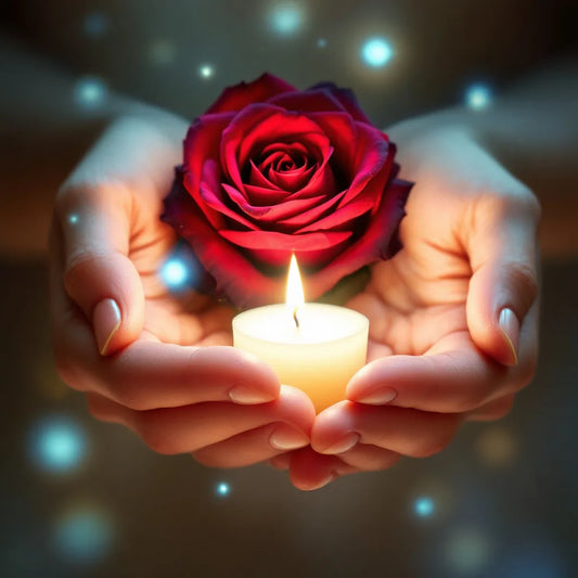 Mains tenant une bougie allumée et une rose réalisant un rituel pour attirer l'amour