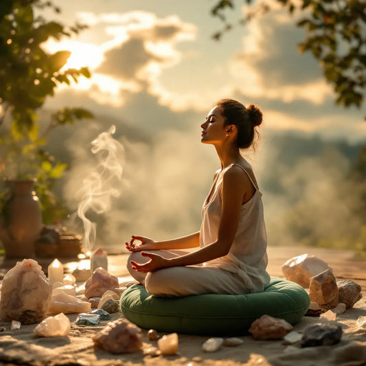 Femme en position du lotus qui pratique la méditation pour lutter contre une attaque spirituelle