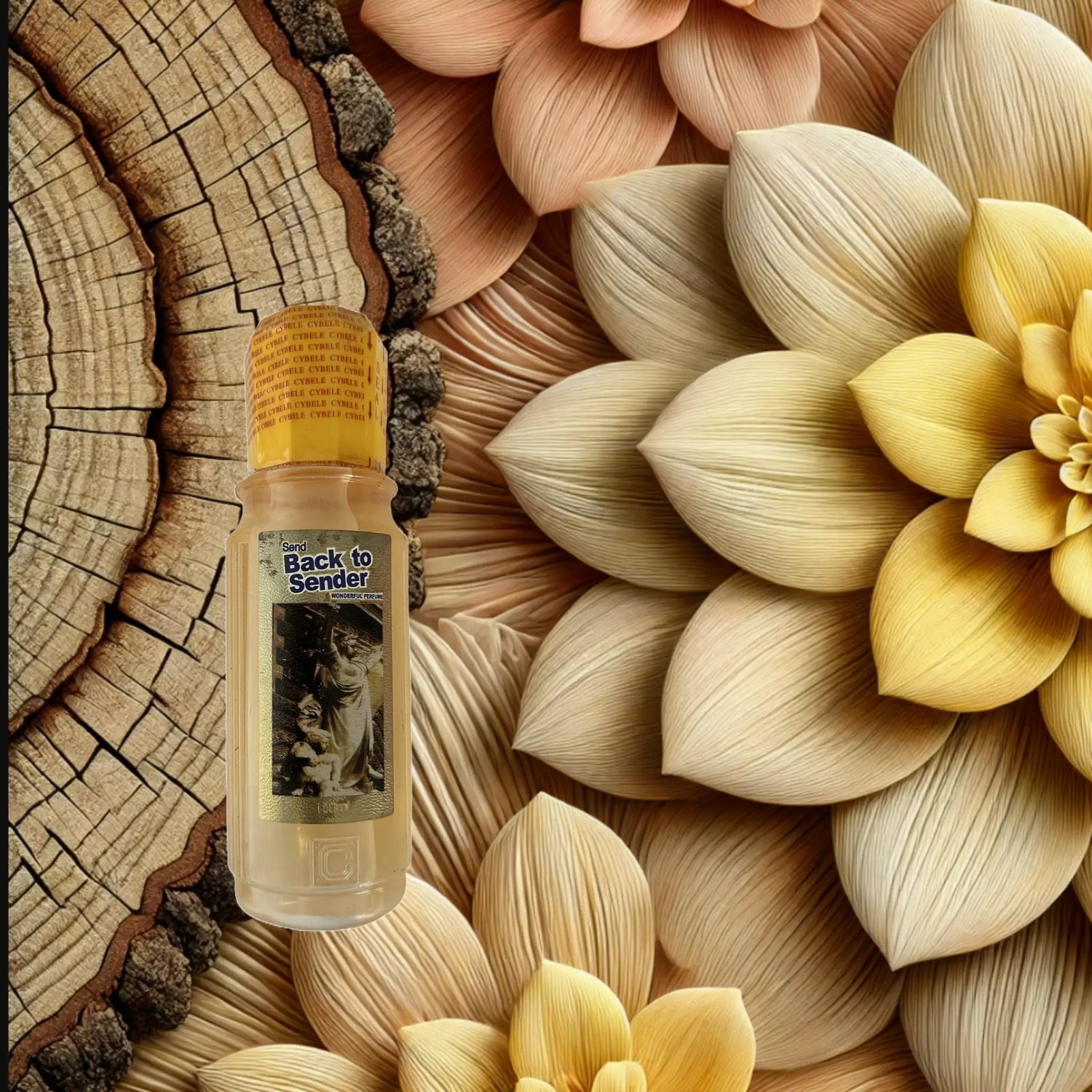 Bouteille de parfum back to sender sur un arrière plan de pétales de fleurs