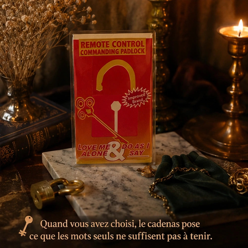 Cadenas d’envoûtement présenté sur autel rituel avec bougie, clé et décor mystique premium.