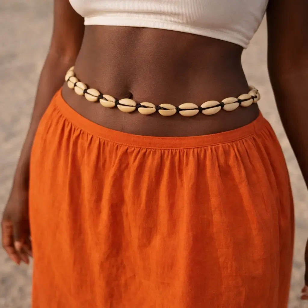 Une jeune femme qui porte un tour de taille en cauris