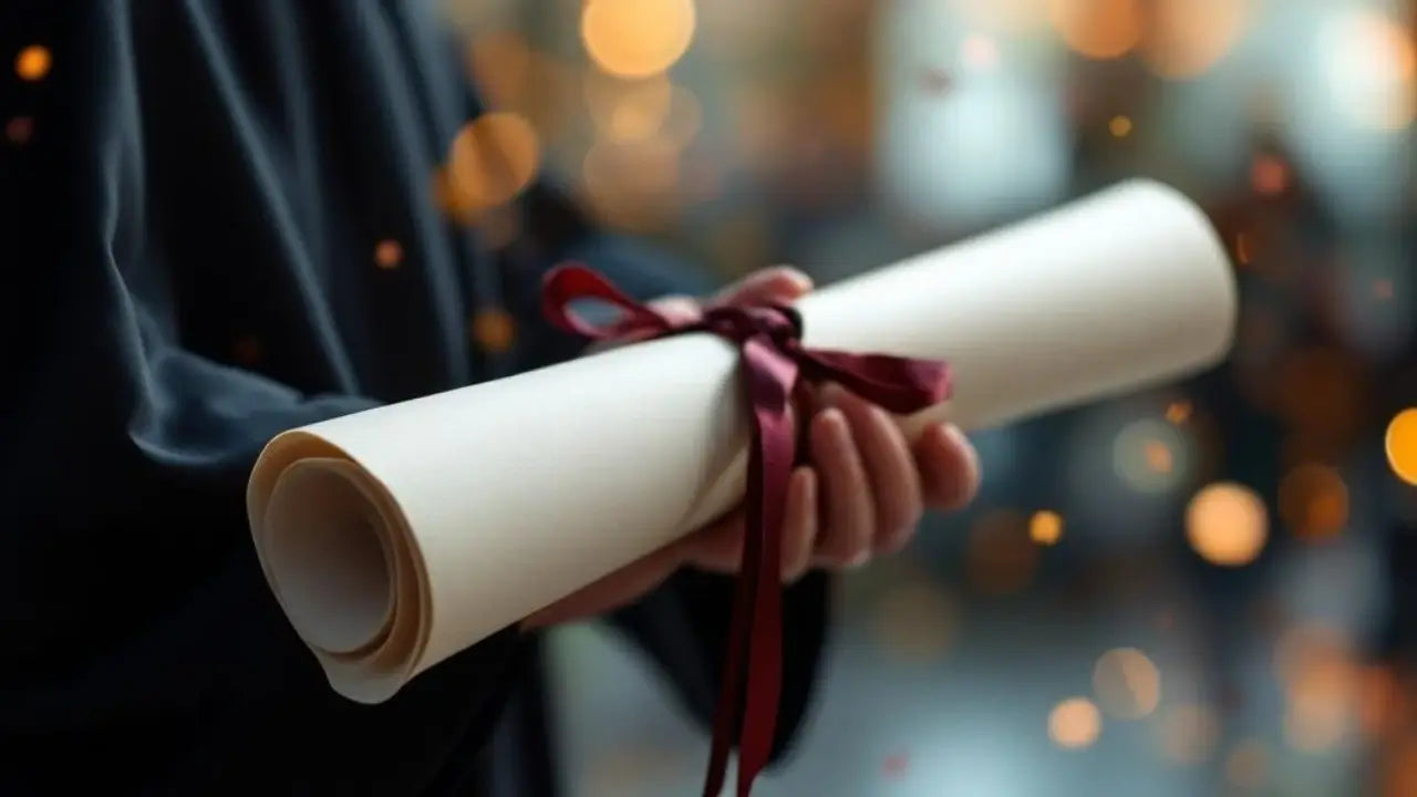 Un jeune diplômé en costume de diplômé tient dans sa main le diplôme qui vient de lui être décerné