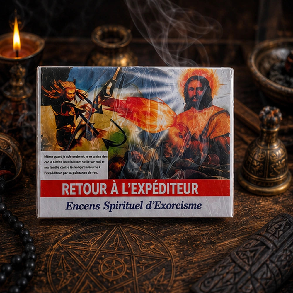 Boîte d’Encens Back to Sender dans une ambiance de rituel avec bougie, fumée et décor spirituel protecteur