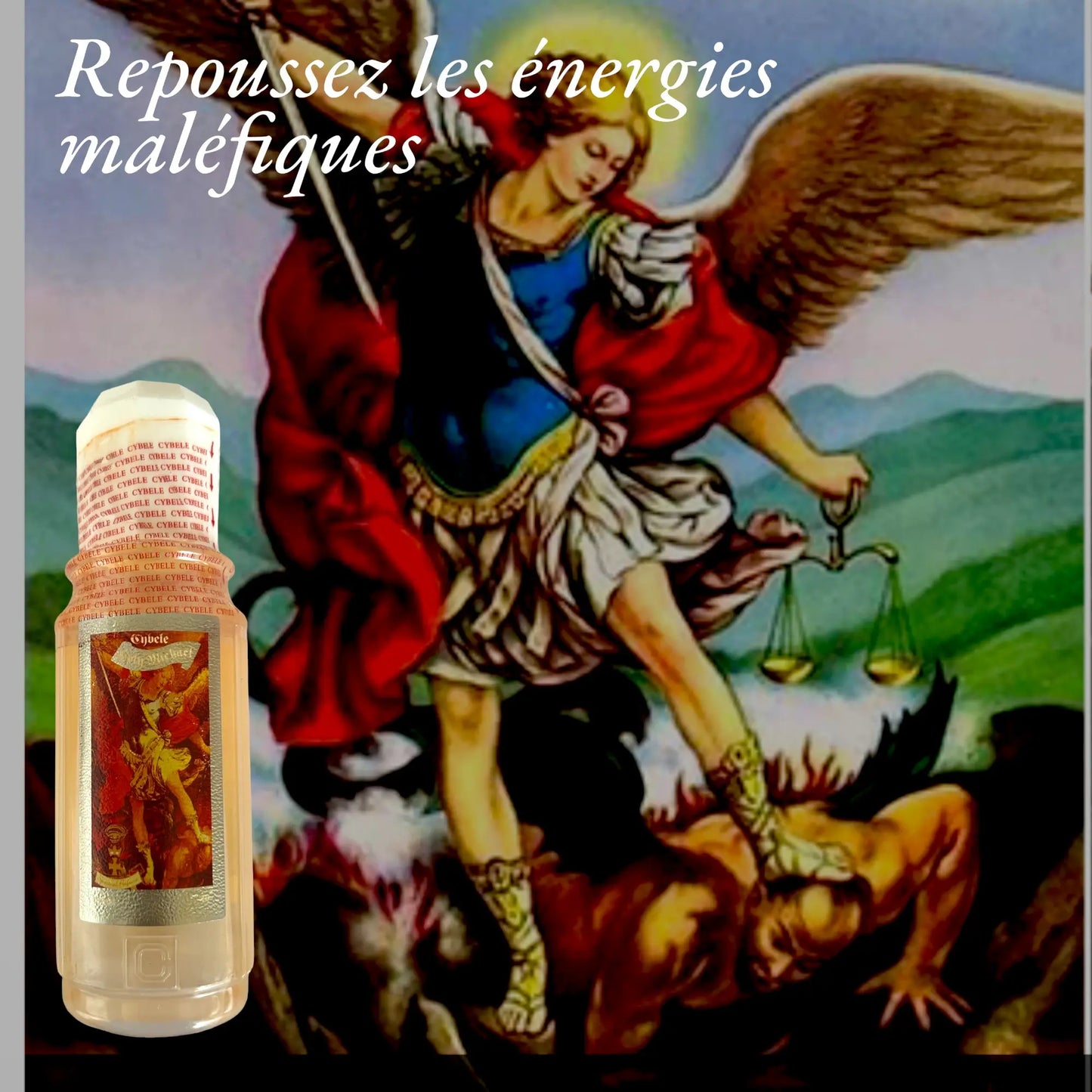 Une bouteille du parfum Saint Michel devant un tableau représentant l'Archange Saint Michel terrassant un démon. Le slogan Repoussez les énergies maléfiques est écrit.