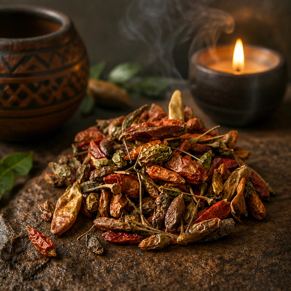 Petits piments oiseaux séchés en gros plan dans une ambiance mystique avec fumée, bougie et éléments végétaux pour évoquer l’assainissement de l’espace de vie.