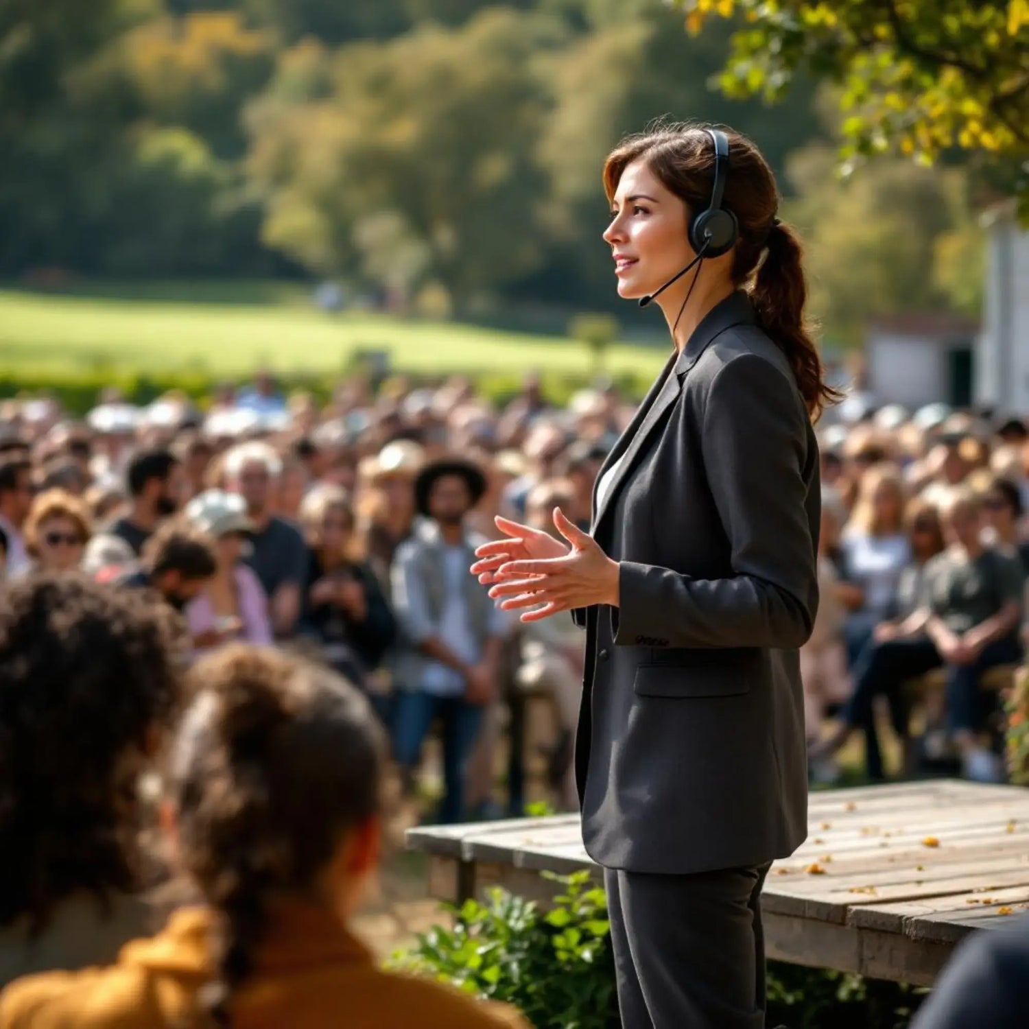 Photo d'une jeune femme qui parle avec aisance devant un vaste public captivé. Cette image illustre les bénéfices de la poudre de parole.