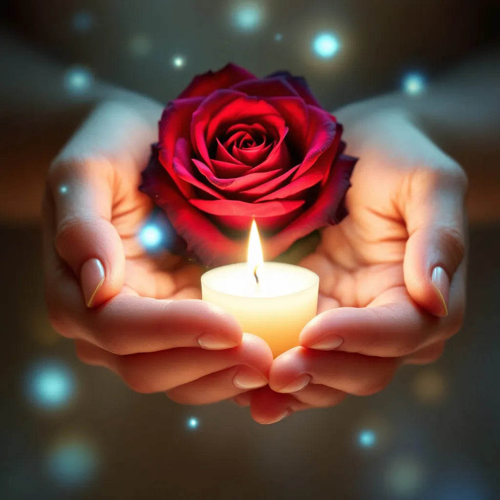 Mains tenant une bougie allumée et une rose réalisant un rituel pour attirer l'amour