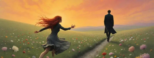 Image d'une femme qui court après un homme froid et distant. Cette image est une métaphore d'un amour impossible et toxique