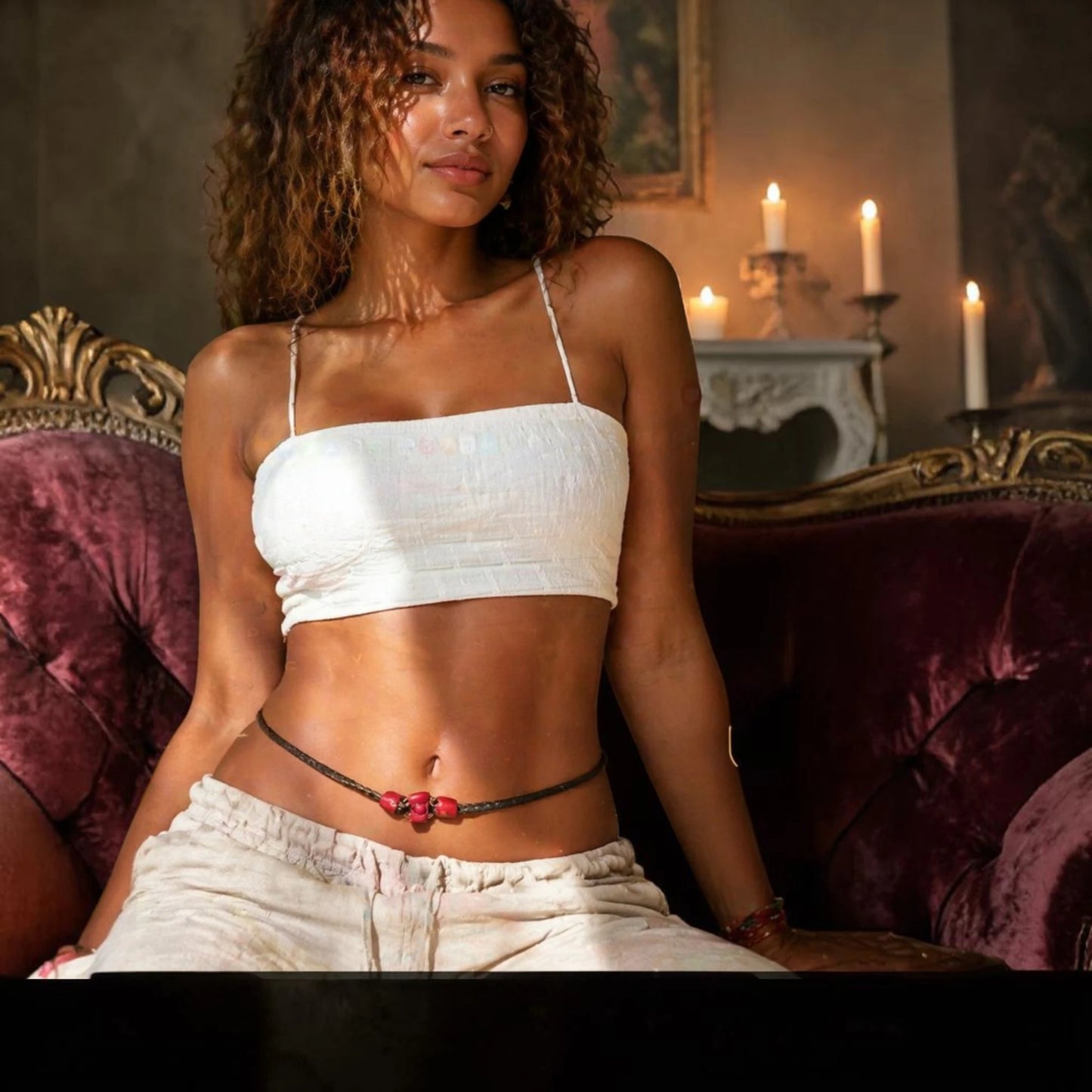 Une jeune femme qui porte une amulette bleue en tour de taille