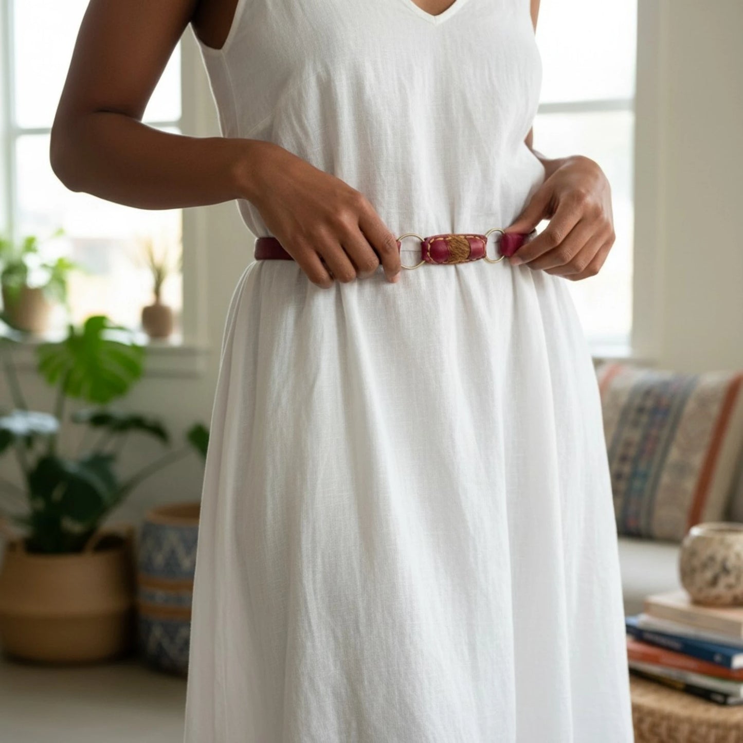 Une jeune femme en robe blanche d'été porte une amulette autour de la taille