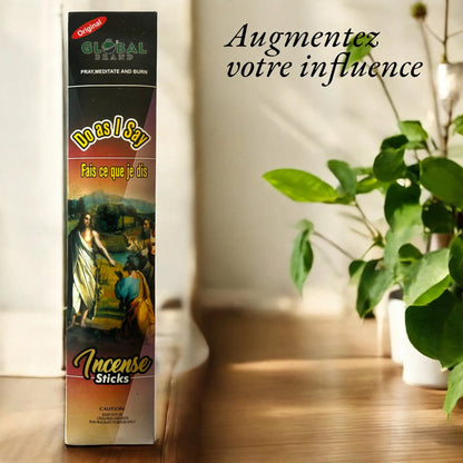Le slogan Augmentez votre influence est affiché à côté d'une boite d'encens Do as I say