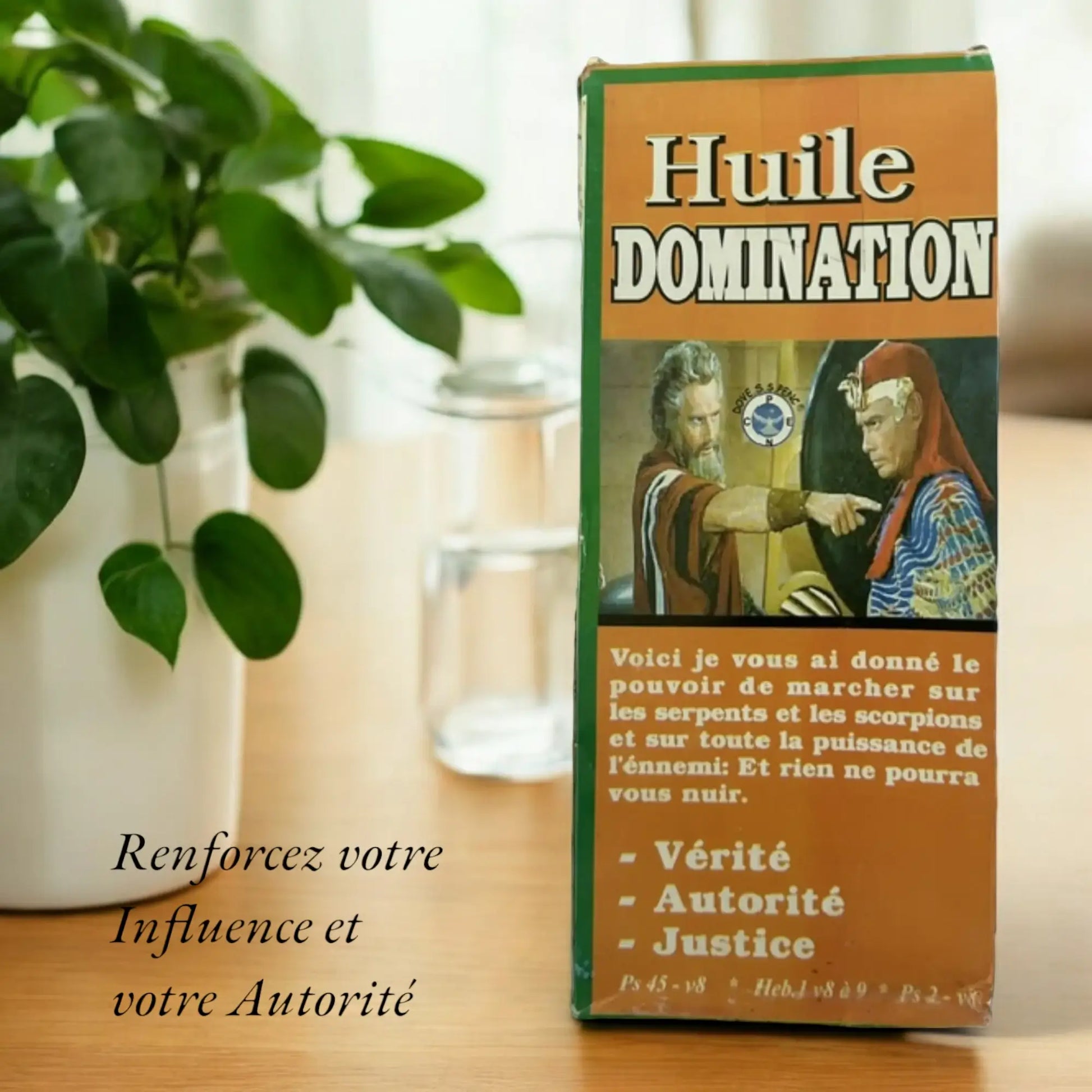 Le slogan "Renforcez votre influence et votre autorité" est écrit à côté d'une boite d'Huile de domination