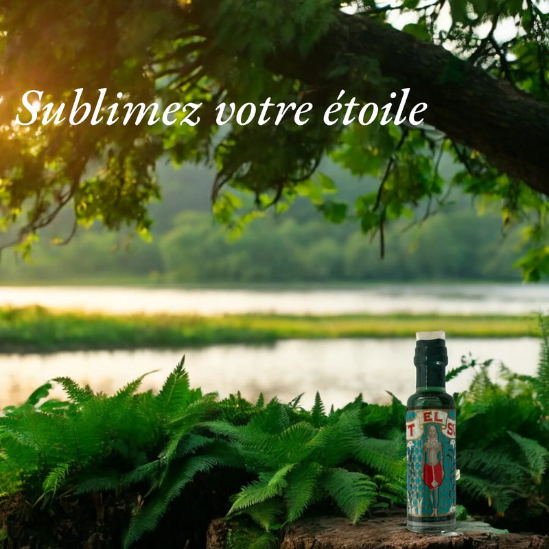 Une bouteille de parfum Bint el Sudan posée sur un tronc d'arbre au milieu d'une forêt. Le slogan "Sublimez votre étoile" est écrit sur la photo.