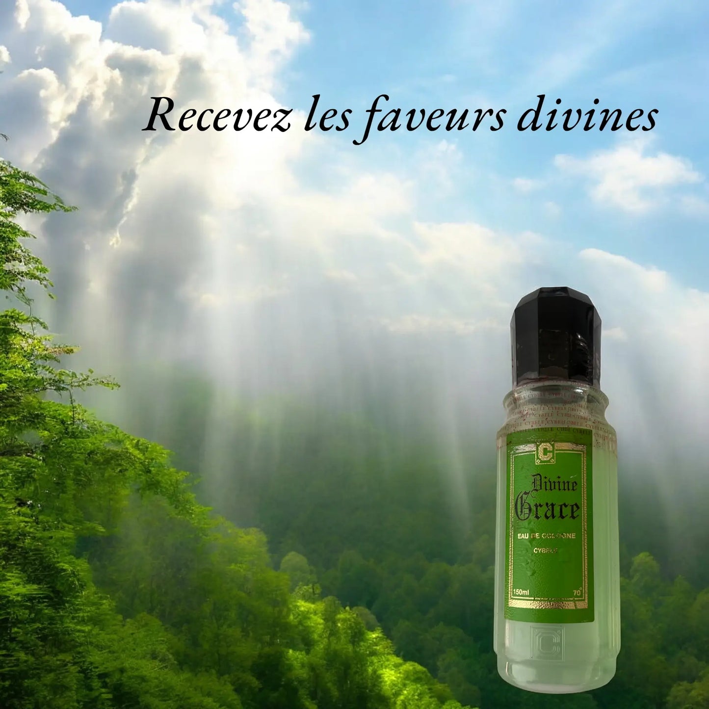 Une bouteille du parfum Divine Grace avec une image de forêt luxuriante et un beau ciel bleu. Le slogan "Recevez les faveurs divines" est écrit sur l'image.