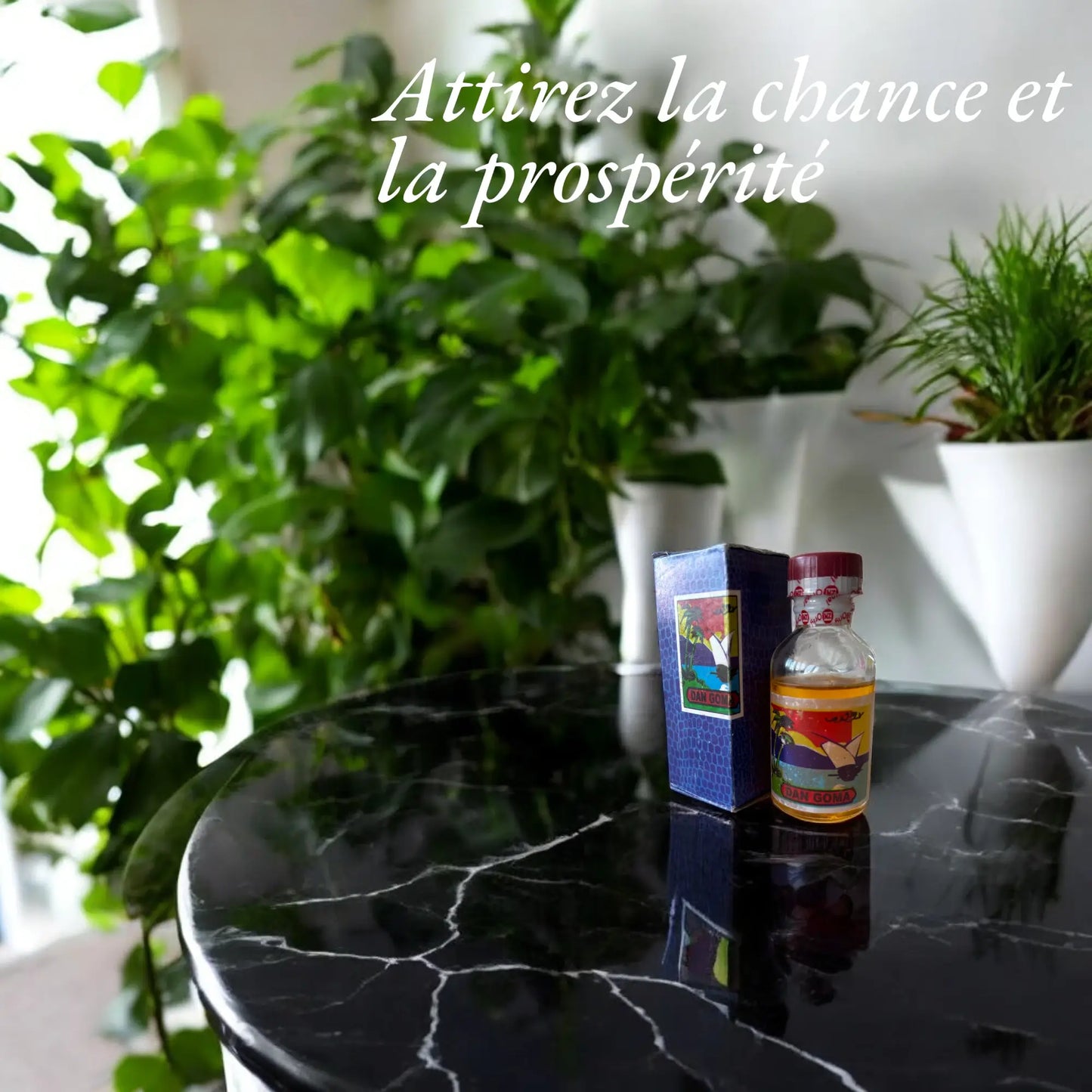 Une bouteille du parfum sans alcool Dan Goma posée sur une table en marbre avec le slogan "Attirez la chance et la prospérité"