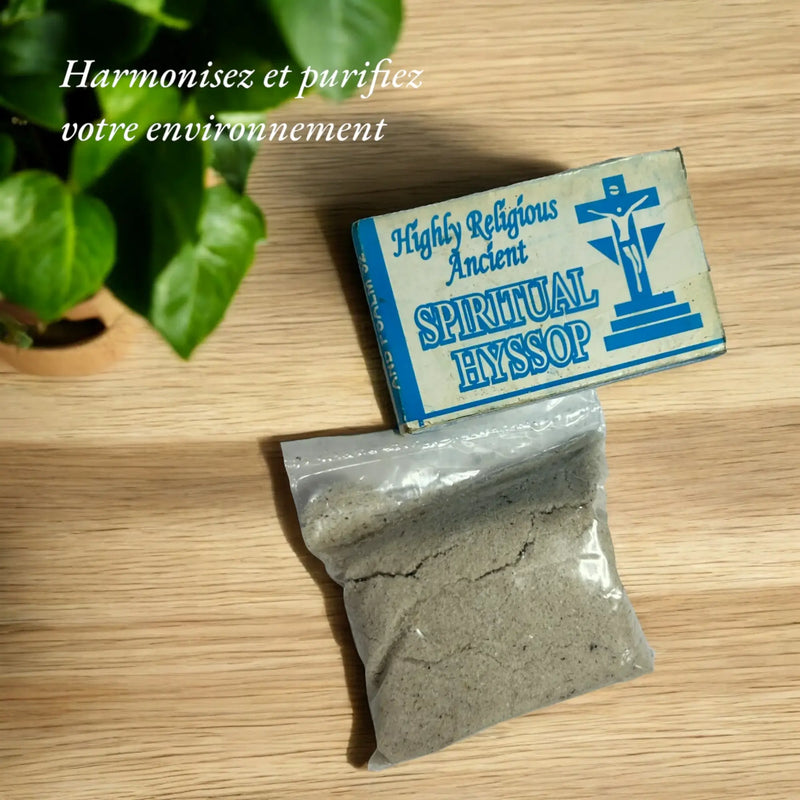 Le slogan "Harmonisez et purifiez votre environnement" est écrit à côté du Spiritual Hyssop