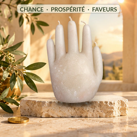 Bougie Akanchawa blanche en forme de main à cinq doigts sur un socle de pierre, sous une lumière dorée évoquant la chance.