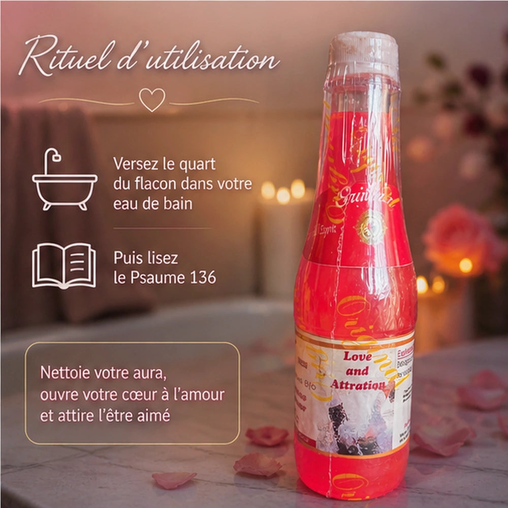 Rituel d’utilisation du Bain Love and Attraction : verser un quart du flacon dans l’eau du bain puis lire le Psaume 136