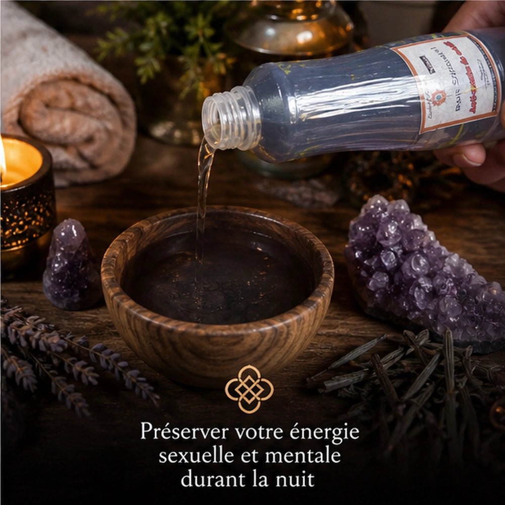 Utilisation du bain spirituel anti couche de nuit versé dans un bol rituel pour préserver l’énergie sexuelle et mentale durant la nuit