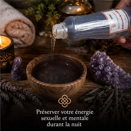 Utilisation du bain spirituel anti couche de nuit versé dans un bol rituel pour préserver l’énergie sexuelle et mentale durant la nuit