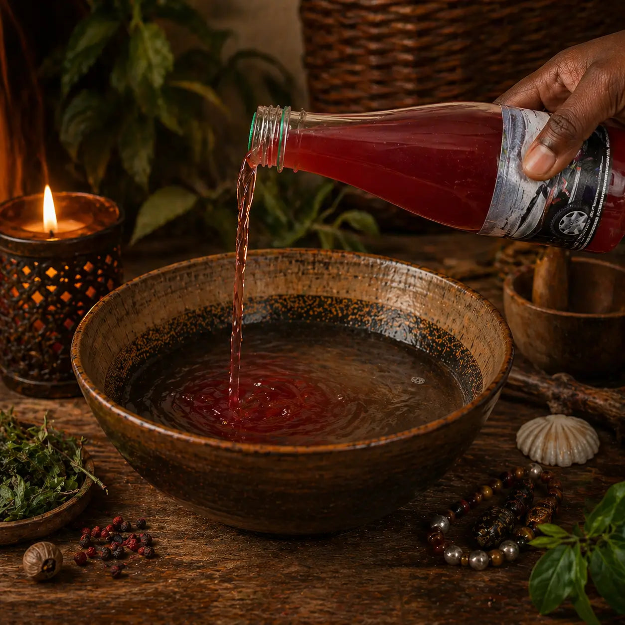 Bain spirituel contre accident versé dans un récipient d’eau tiède pour un rituel de protection et de purification.