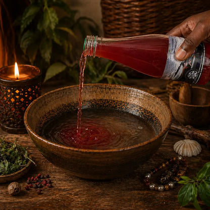 Bain spirituel contre accident versé dans un récipient d’eau tiède pour un rituel de protection et de purification.