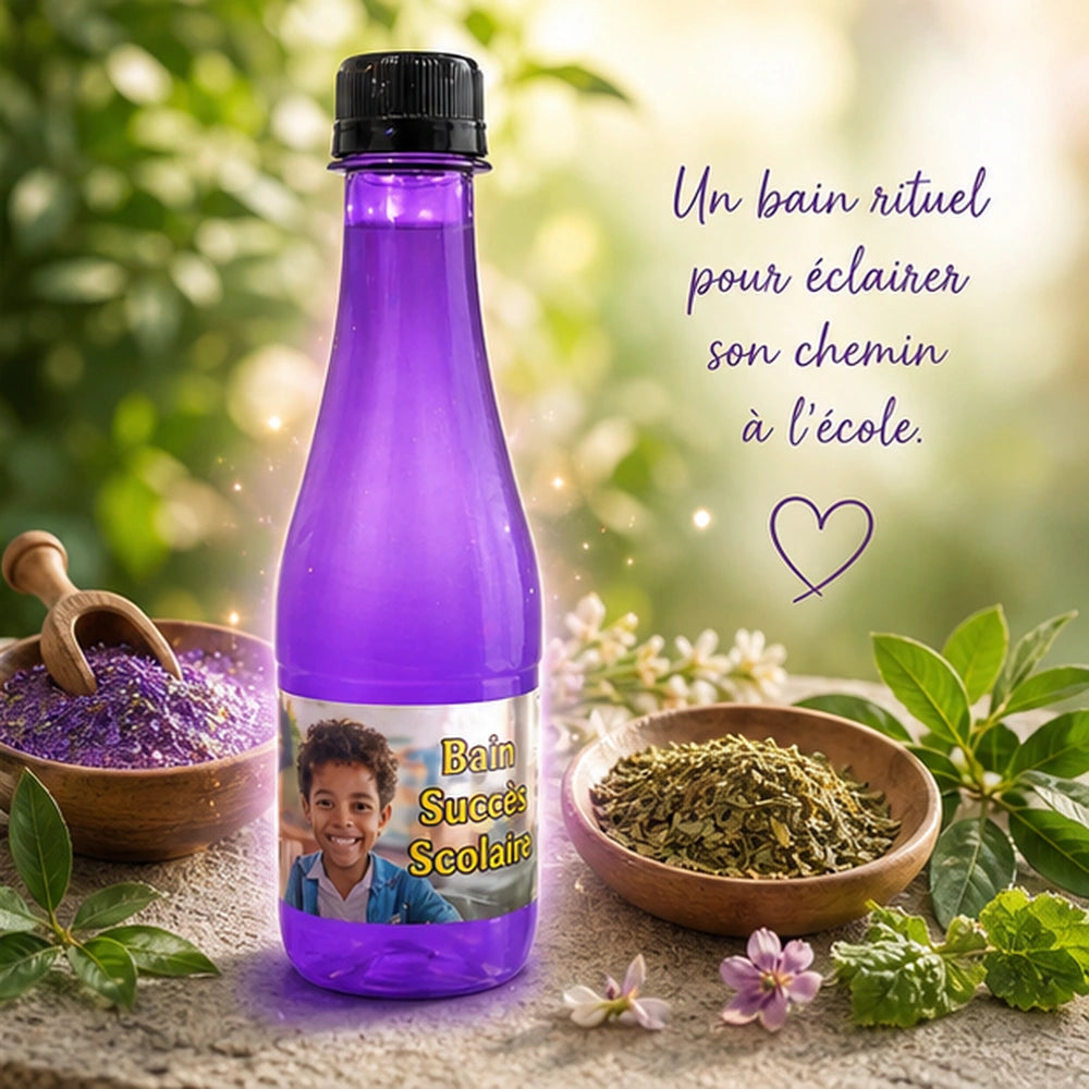 Bain rituel Succès Scolaire entouré de plantes et de lumière pour éclairer le chemin de l’enfant vers la réussite scolaire