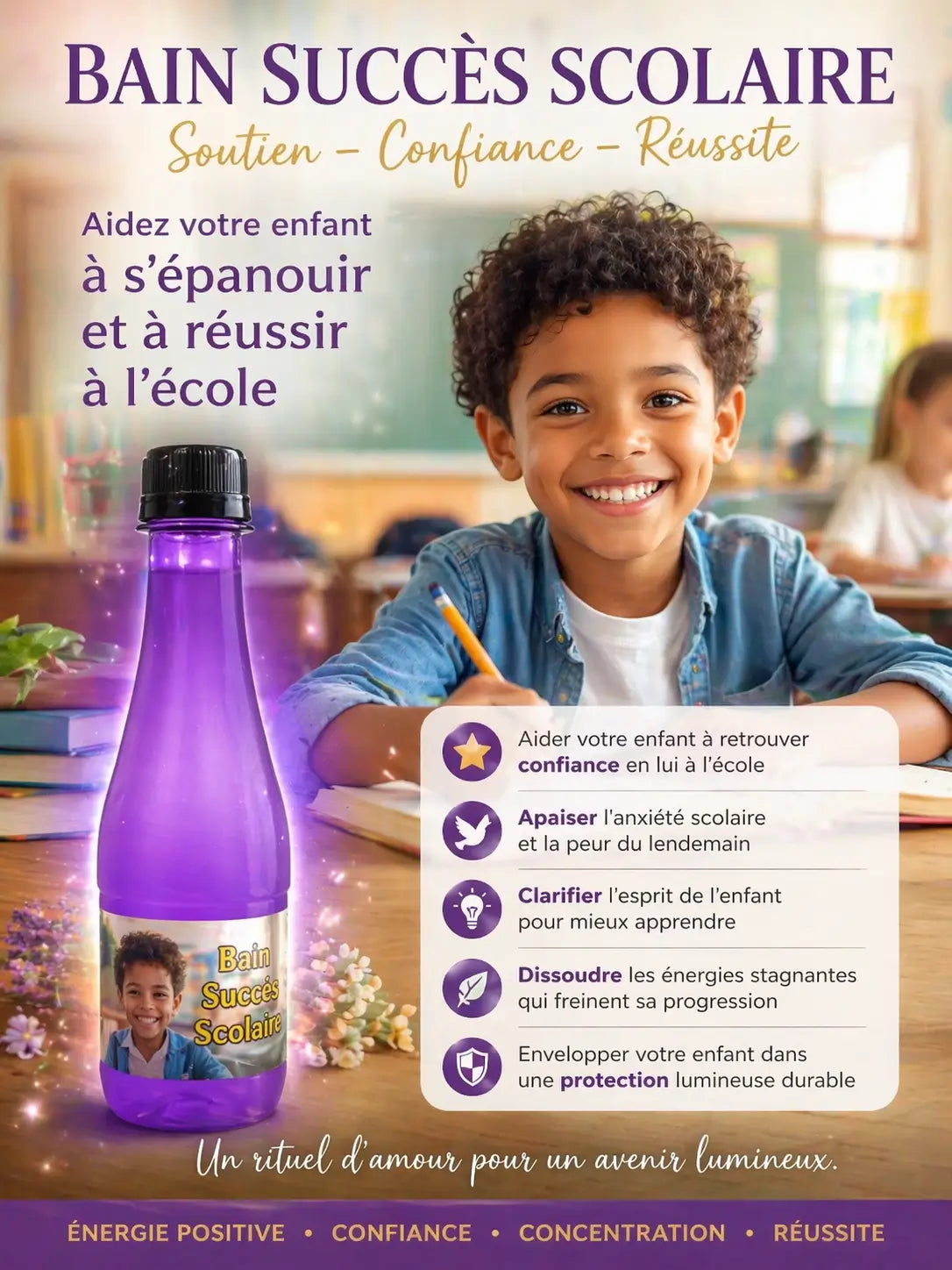 Un jeune garçon souriant assis sur un banc d'école. Une bouteille du bain succès scolaire. On peut lire le slogan "Aidez votre enfant à s'épanouir et à réussir à l'école"