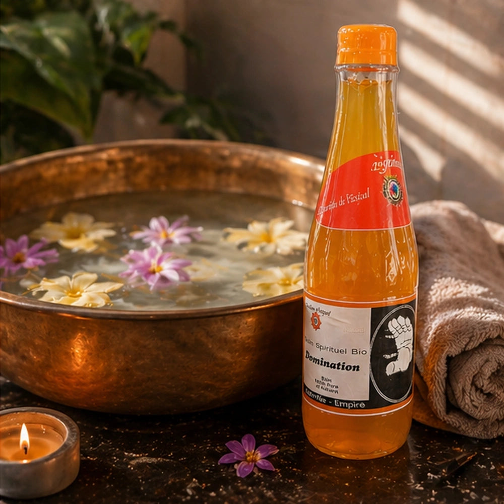 Bain spirituel de domination près d’une bassine d’eau florale pour purifier le champ énergétique avant un moment décisif
