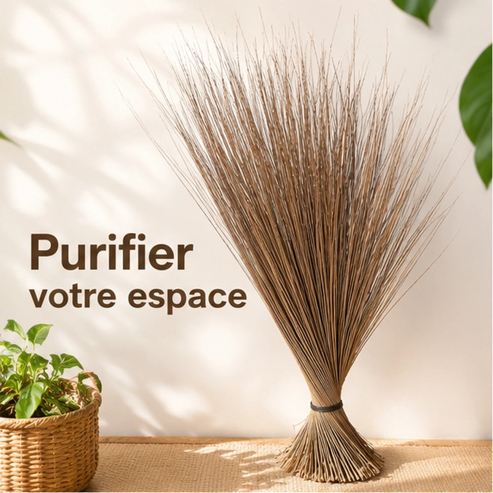 Balai traditionnel africain en nervures de palmier, présenté en image lumineuse pour purifier votre espace
