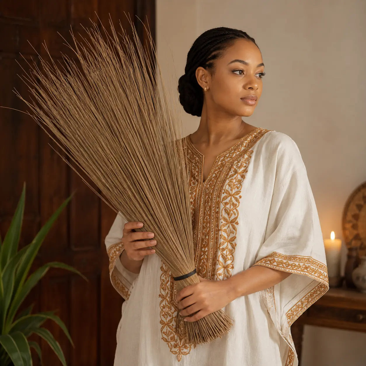 Femme tenant un balai africain artisanal, scène douce de nettoyage symbolique et rituel.

Image 4 — Alt :