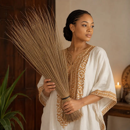 Femme tenant un balai africain artisanal, scène douce de nettoyage symbolique et rituel.

Image 4 — Alt :