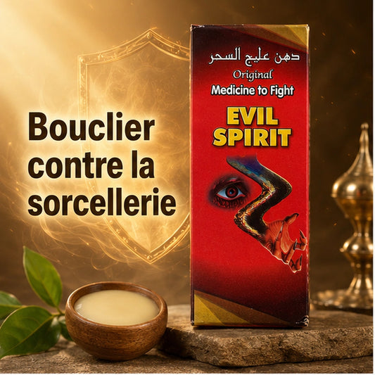 Baume Spirituel Shafin Shaidanu présenté de face dans un décor doré avec le slogan Bouclier contre la sorcellerie.