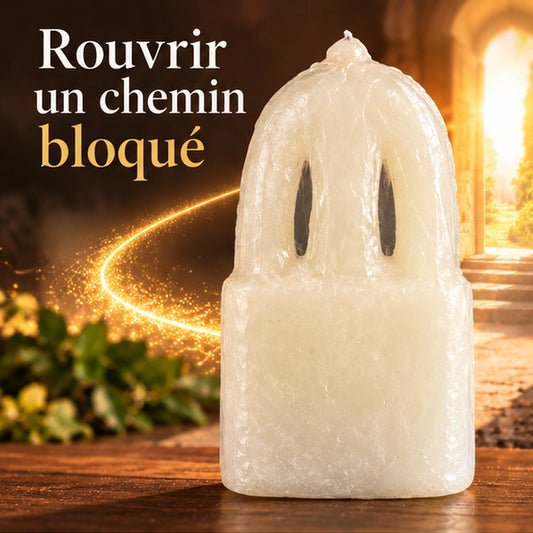 Bougie blanche de déblocage sur une table en bois, devant une porte lumineuse symbolisant l'ouverture des chemins.
