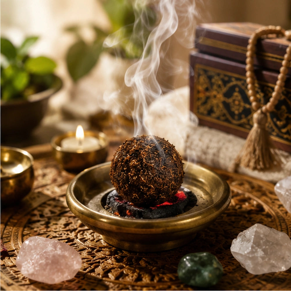 Boule d’encens fumante sur charbon ardent, posée dans une coupelle rituelle entourée de cristaux et d’une bougie.