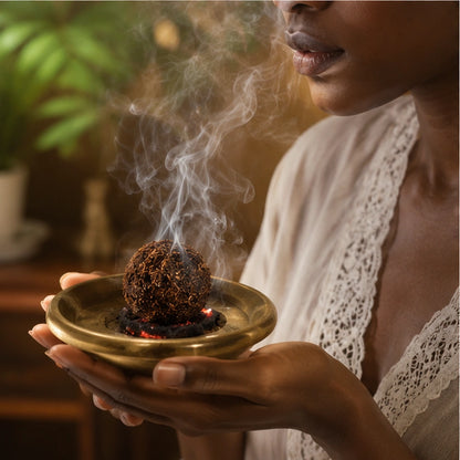 Rituel de fumigation avec boule d’encens, fumée douce enveloppant la peau pour accompagner l’intention.