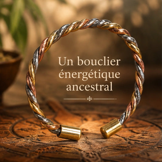 Bracelet de protection en cuivre, argent et laiton présenté dans une ambiance chaleureuse avec slogan ancestral.