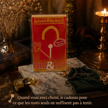 Cadenas d’envoûtement présenté sur autel rituel avec bougie, clé et décor mystique premium.