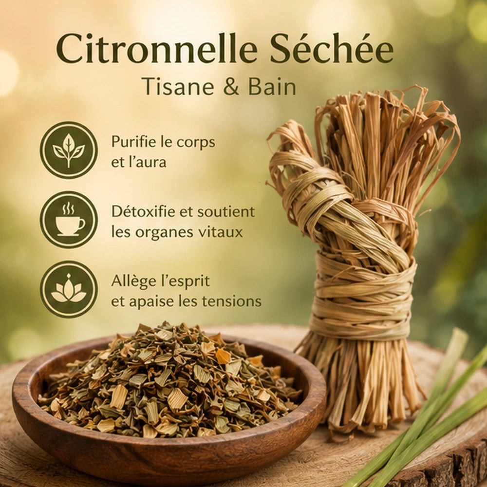 Tiges et feuilles hachées de citronnelle séchée en scène naturelle pour tisane, bain purifiant et légèreté intérieure.