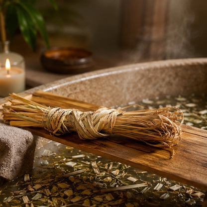 Tige entière de citronnelle séchée posée près d’un bain chaud aux plantes, dans une ambiance de rituel purifiant.
