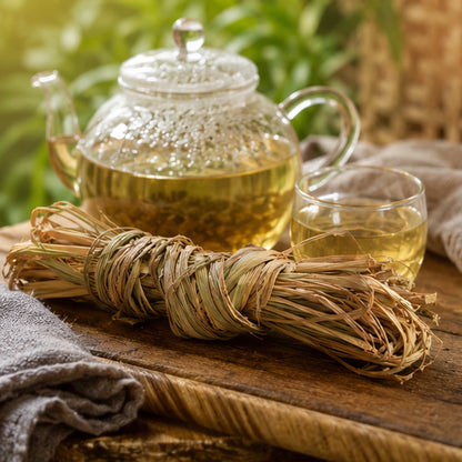 Tige de citronnelle séchée accompagnée d’une tisane à la citronnelle, pour une infusion naturelle et apaisante au quotidien.