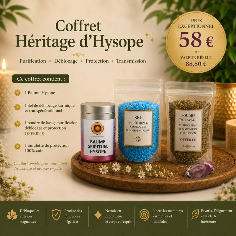 Coffret Héritage d'Hysope présenté pour débloquer les charges ancestrales, purifier l'énergie accumulée, renforcer la protection et honorer la lignée maternelle.