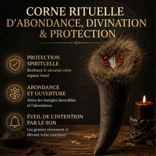 Corne Rituelle d’Abondance, Divination & Protection présentée sur un autel sombre avec les bénéfices protection spirituelle, abondance et éveil de l’intention