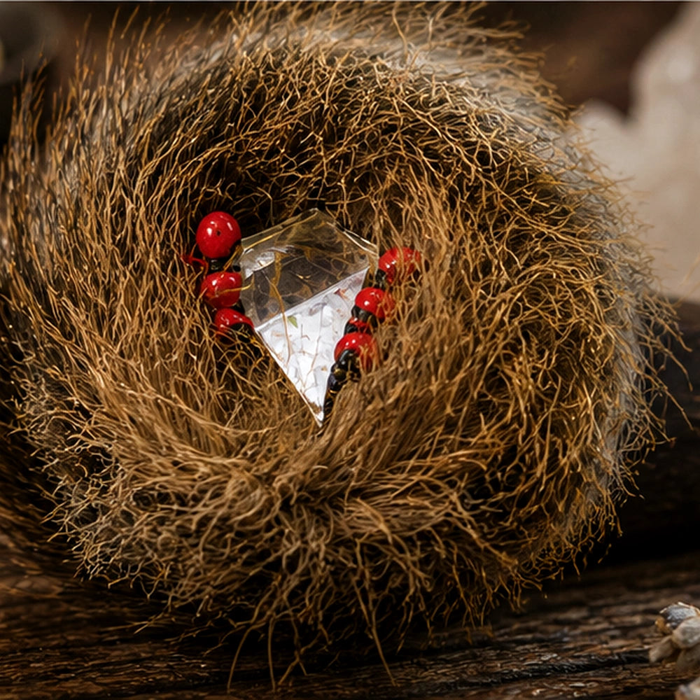 Gros plan sur les fibres naturelles, les perles rouges et le cristal de la corne rituelle, dans une ambiance chaude d’ancrage et de protection