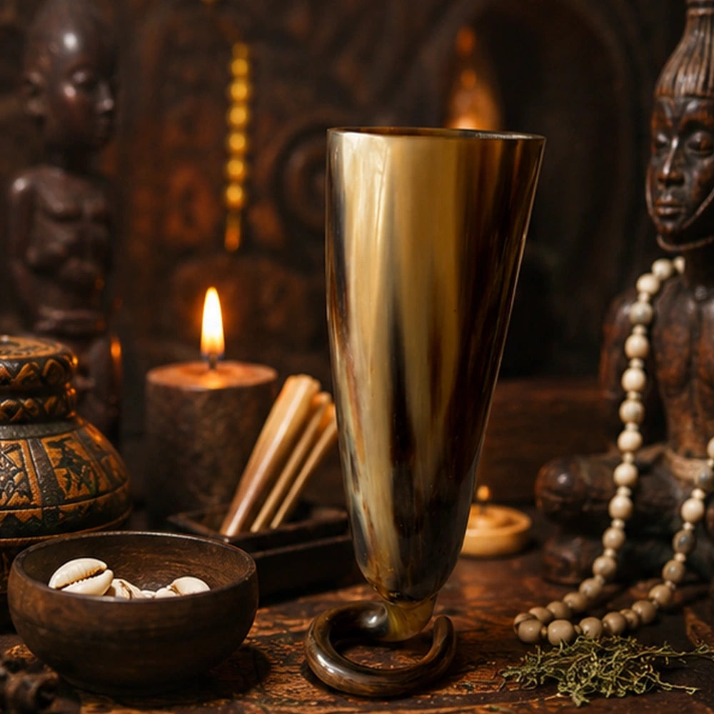 Coupe en corne posée sur un autel avec bougie, cauris et objets rituels pour offrandes spirituelles.