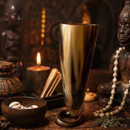 Coupe en corne posée sur un autel avec bougie, cauris et objets rituels pour offrandes spirituelles.