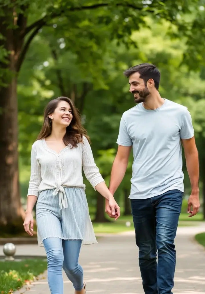 Un couple heureux et souriant qui marche main dans la main dans un parc