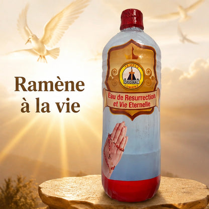 Bouteille d’Eau de Résurrection de face dans une lumière dorée, avec colombes et slogan « Ramène à la vie ».