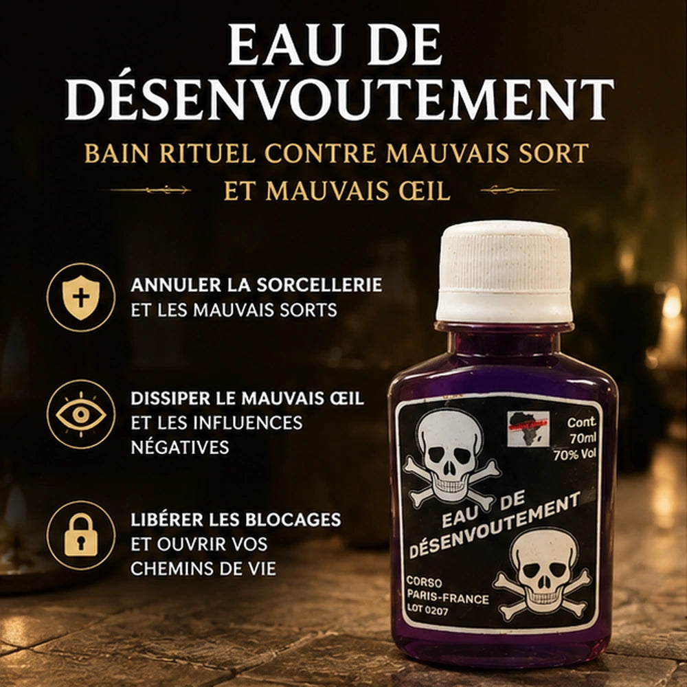 Eau de Désenvoutement en flacon violet, bain rituel pour annuler la sorcellerie, dissiper le mauvais œil et libérer les blocages