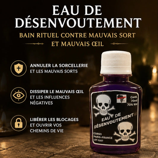 Eau de Désenvoutement en flacon violet, bain rituel pour annuler la sorcellerie, dissiper le mauvais œil et libérer les blocages
